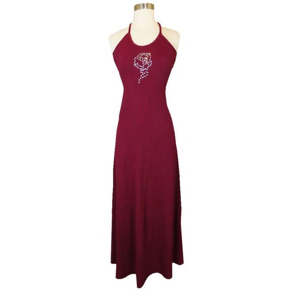 Vintage 70s Maroon Burgundy Red Rhinestone Rose Halter Prom Party Maxi Dress XXS - Picture 3 of 12